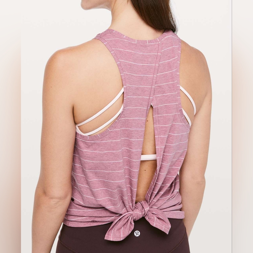 Lululemon All Tied Up Tank Open Back Yoga Top Pink Merlot White Stripe Size 4